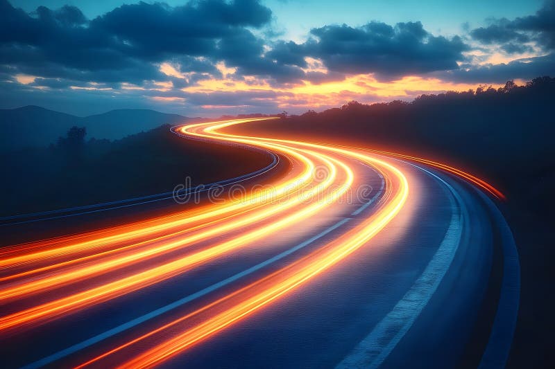 Szlaki świetlne autostrady zachód słońca w górskim krajobrazie Scenic Generation AI ilustracja wektor