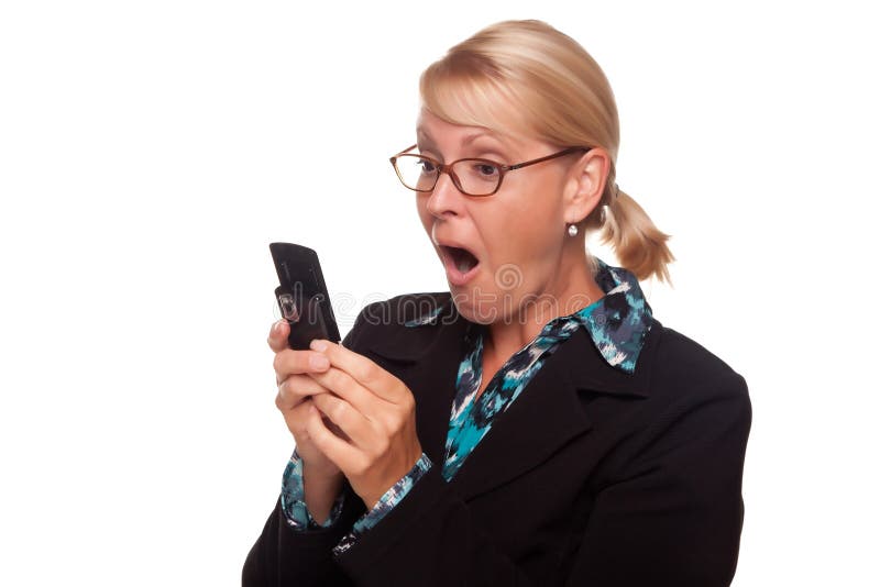 szokujący blondynki telefon komórkowy używać kobiety obrazy stock szokujący blondynki telefon komórkowy używać kobiety obrazy stock