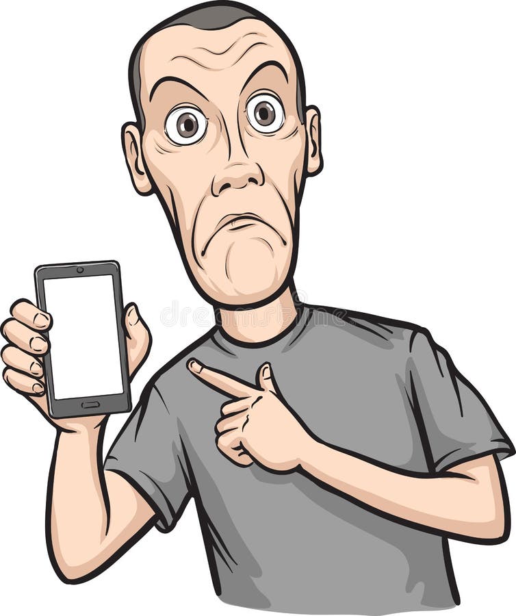 Szokujący młody człowiek pokazuje wiszącą ozdobę app na mądrze telefonie ilustracji Szokujący młody człowiek pokazuje wiszącą ozdobę app na mądrze telefonie ilustracji