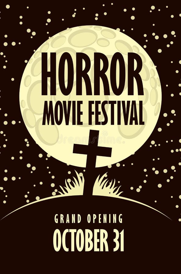 Vector banner for horror movie festival with cross on the hill to the cemetery a moonlit night. Scary cinema promotional printing. Can be used for ad, banner, leaflet, web design. Vector banner for horror movie festival with cross on the hill to the cemetery a moonlit night. Scary cinema promotional printing. Can be used for ad, banner, leaflet, web design