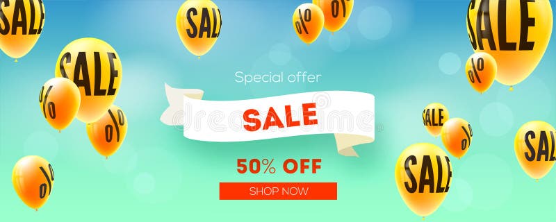 Sztandar z sprzedażą, obniżki oferta Balony lata w niebieskim niebie z znakiem procent Reklama sprzedaży akcje Elegancki wektor ilustracji Sztandar z sprzedażą, obniżki oferta Balony lata w niebieskim niebie z znakiem procent Reklama sprzedaży akcje Elegancki wektor ilustracji