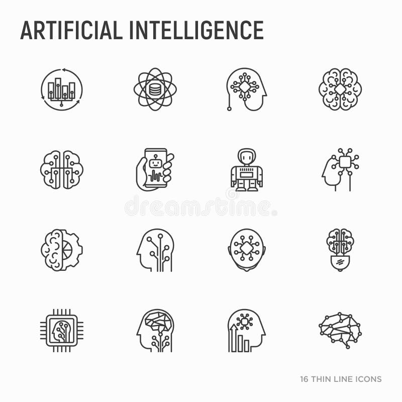 Sztucznej inteligenci cienkie kreskowe ikony ustawiać ilustracji Sztucznej inteligenci cienkie kreskowe ikony ustawiać ilustracji