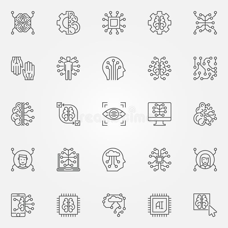 Sztucznej inteligenci konturu ikony ustawiać AI technologii symbole ilustracji Sztucznej inteligenci konturu ikony ustawiać AI technologii symbole ilustracji