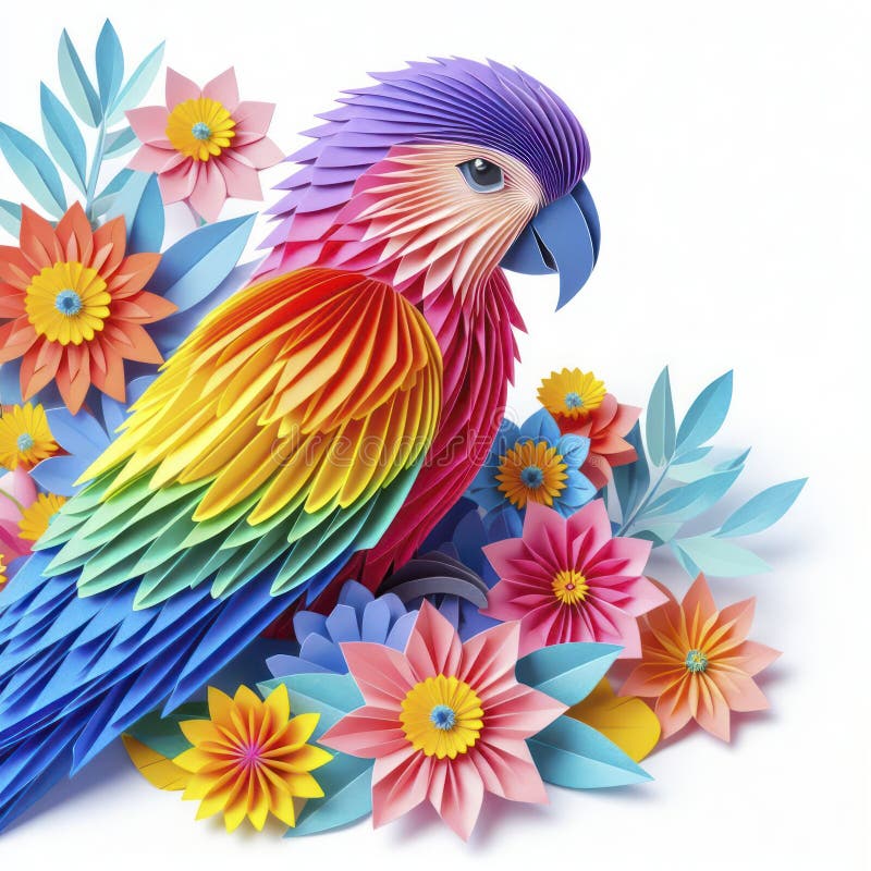 Immerse yourself in the artful world of kirigami with a vibrant parrot against a backdrop of colorful flowers. Isolated on white, this masterpiece combines precision and elegance. IA image generated. Immerse yourself in the artful world of kirigami with a vibrant parrot against a backdrop of colorful flowers. Isolated on white, this masterpiece combines precision and elegance. IA image generated.