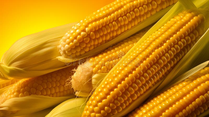 An artful arrangement of freshly harvested corn cobs, their golden kernels still intact, set against a vibrant yellow background. The sunlight should delicately illuminate the scene, AI generated. An artful arrangement of freshly harvested corn cobs, their golden kernels still intact, set against a vibrant yellow background. The sunlight should delicately illuminate the scene, AI generated