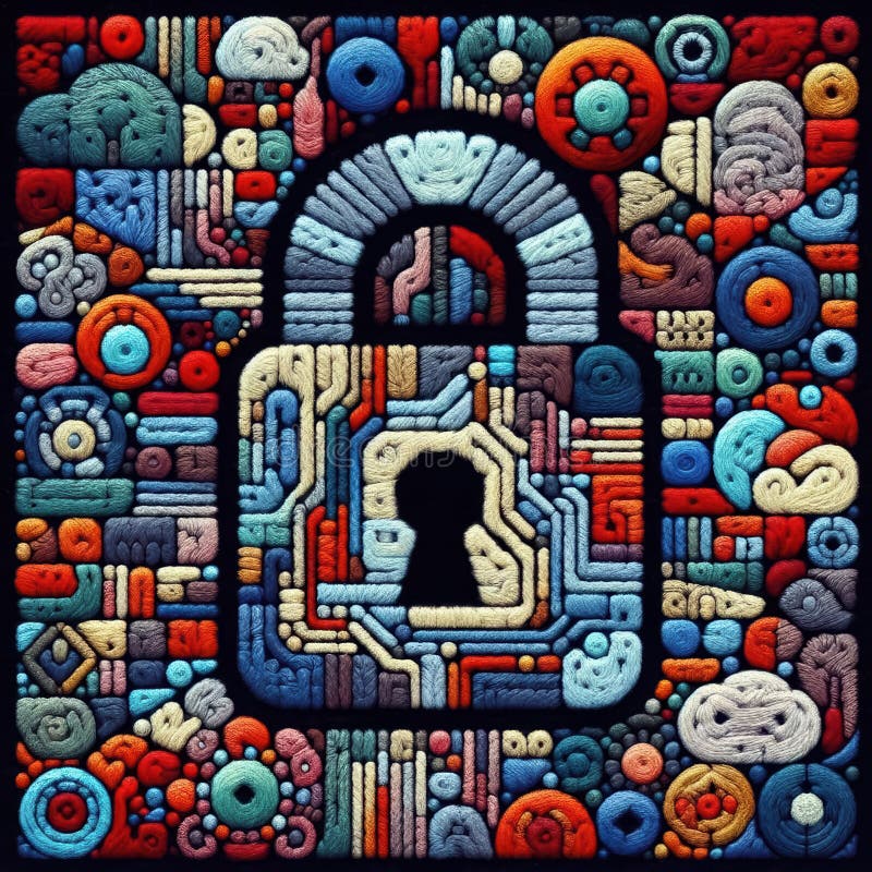 Patchwork z filcu, symbol bezpiecznego zamka danych, reprezentujący ciągłą walkę o cyberbezpieczeństwo i ochronę danych wrażliwych ilustracja wektor