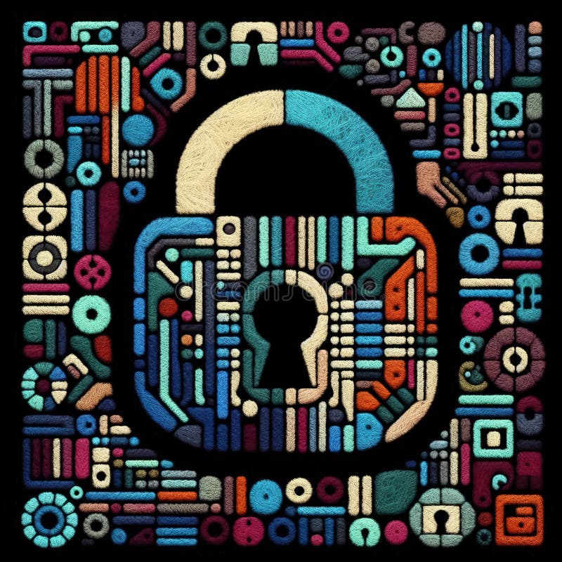 Sztuka filmowa Symbol bezpiecznego blokowania danych reprezentujący trwającą walkę o bezpieczeństwo cybernetyczne i ochronę wrażli ilustracji