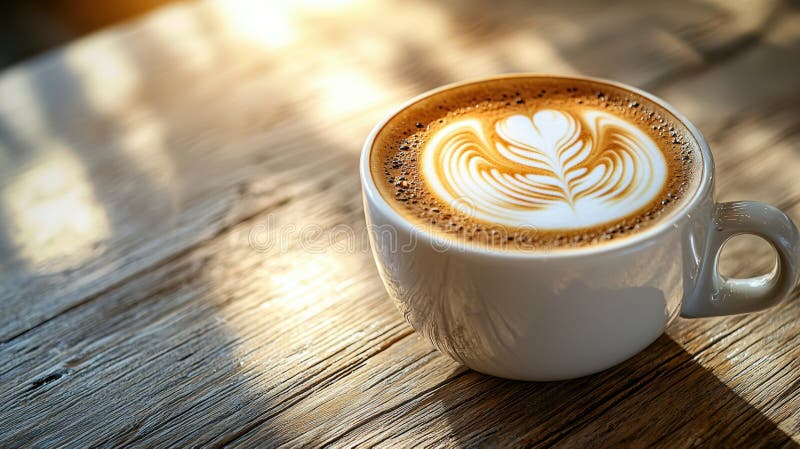 Sztuka latte w białym pucharze na drewnianym stole ilustracji