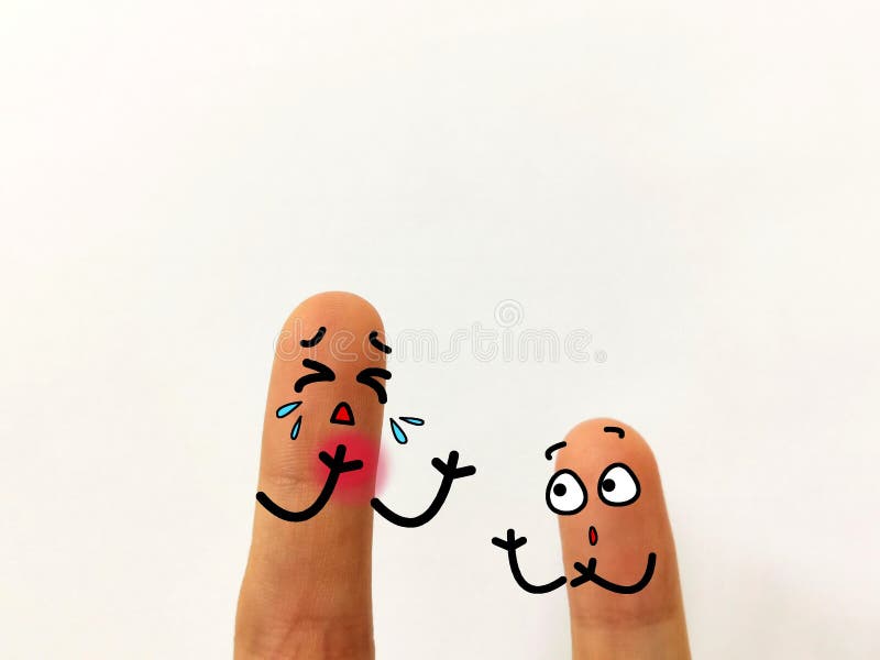 Two fingers are decorated as two person. One of them is not feeling well. Two fingers are decorated as two person. One of them is not feeling well