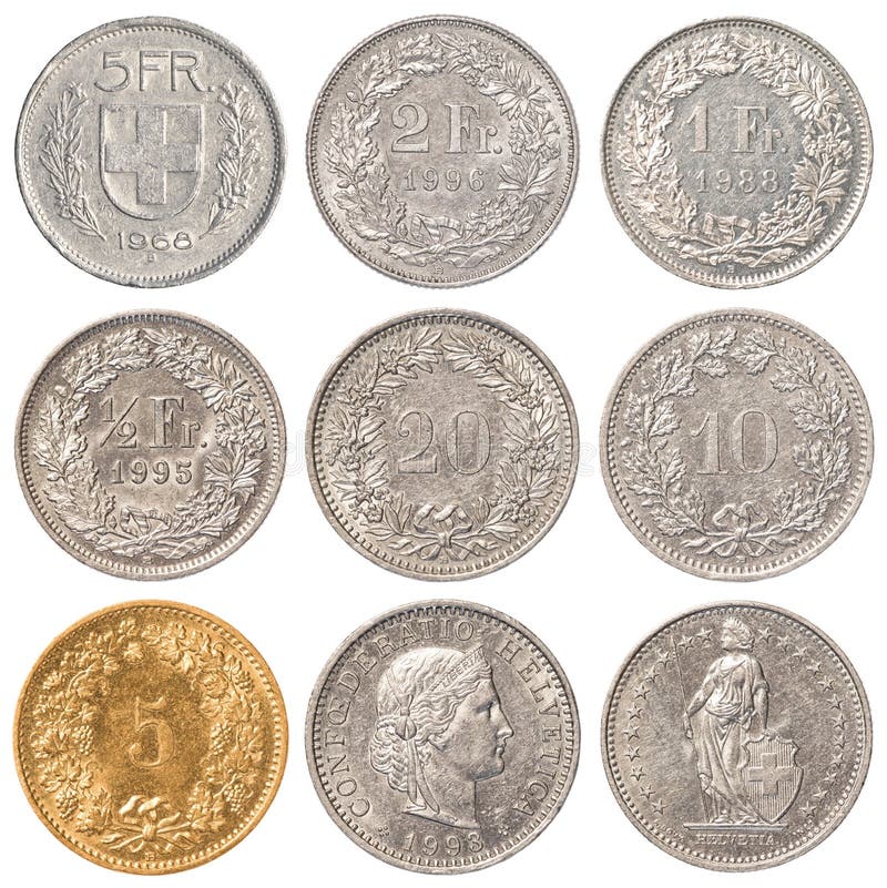 Szwajcarskiego franka monety set zdjęcia stock Szwajcarskiego franka monety set zdjęcia stock