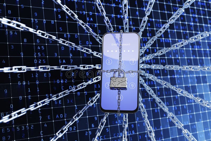 Szyfrowanie telefonu. ochrona telefonu. ochrona danych użytkowników. renderowanie blokady telefonu 3d ilustracja wektor