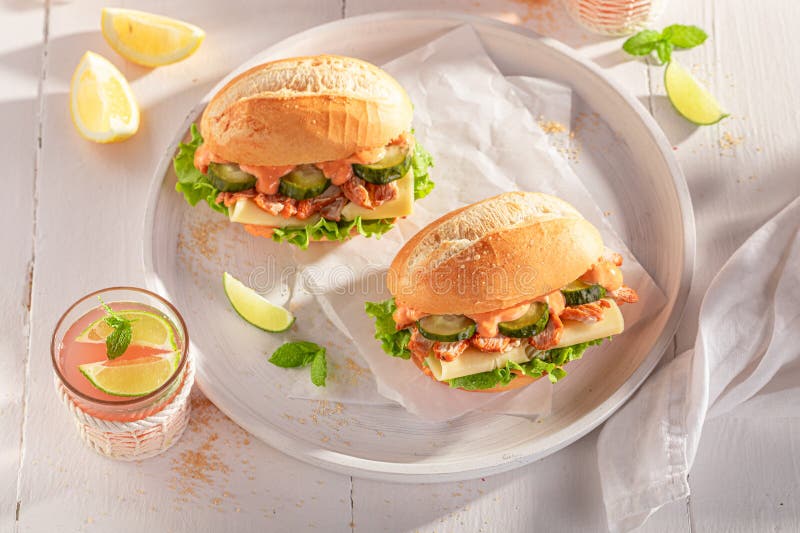 Sándwich picante y fresco con pollo y queso gyros imagenes de archivo