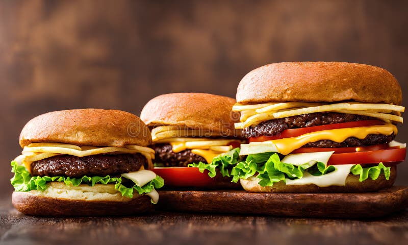 Sándwiches de hamburguesa con queso y verduras de fondo marrón. Sándwiches de hamburguesa con queso y verduras en un fondo marrón generado por inteligencia artificial