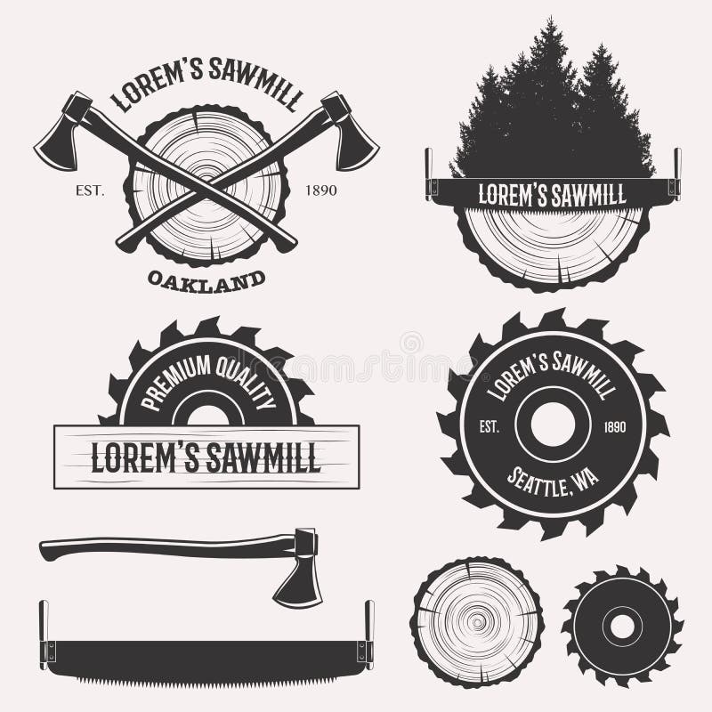 Vintage sawmill logo set labels badges and design elements isolated on white background. Vintage sawmill logo set labels badges and design elements isolated on white background