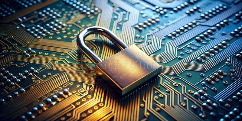 Säkerhetsspärr för cybersäkerhet på kretskort-padlock för säkerhetsteknik stock illustrationer
