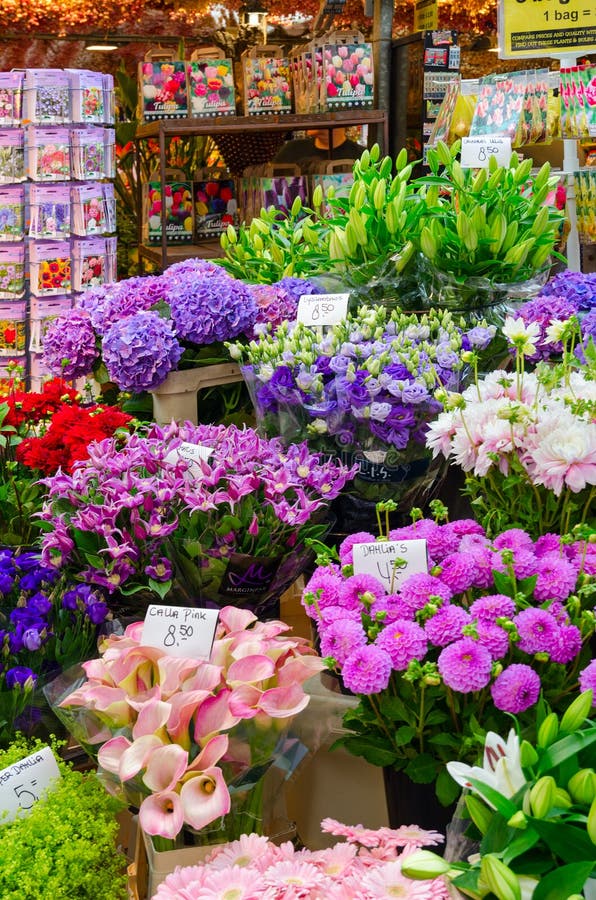 Sälja av blommor på den berömda blommamarknaden i Amsterdam, norr Holland, Nederländerna