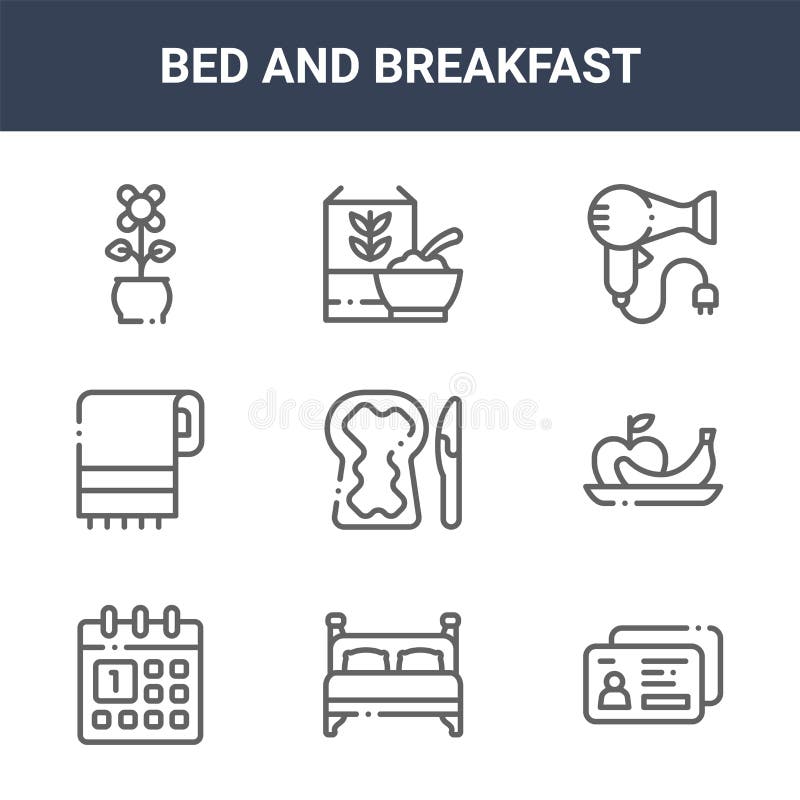 9 sängs- och frukostpaket. trendbädd och frukost-ikoner på vit bakgrund. tunna konturlinjeikoner, t.ex. id-kort