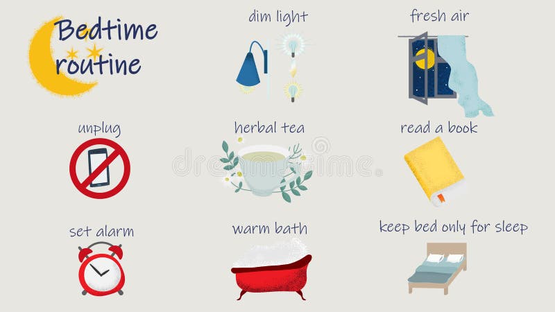 Bedtime routine for better sleep. Vector illustration of tips to improve night rest and health. Bedtime routine for better sleep. Vector illustration of tips to improve night rest and health.