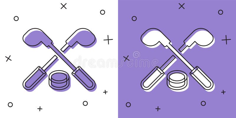 Set Ice hockey sticks and puck icon isolated on white and purple background. Game start. Vector. Set Ice hockey sticks and puck icon isolated on white and purple background. Game start. Vector.