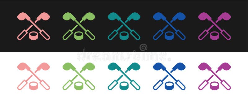Set Ice hockey sticks and puck icon isolated on black and white background. Game start. Vector. Set Ice hockey sticks and puck icon isolated on black and white background. Game start. Vector.
