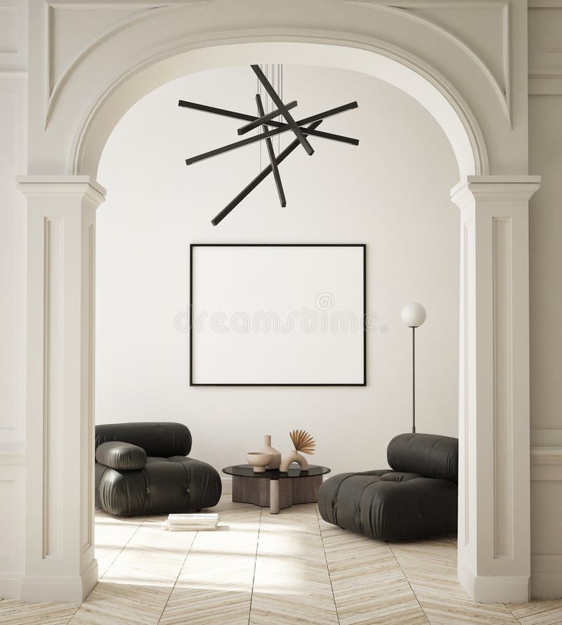 Sätta upp affisch i modern inre bakgrund och skapa minimalistiskt 3d-rendering. Mock upp affisch i modern inredningsbakgrund och minimal stil 3d ger 3d-illustration