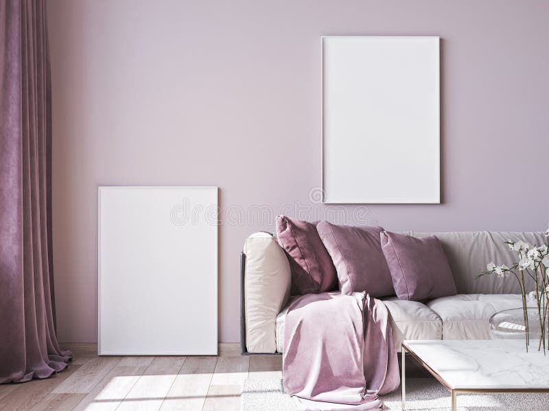 Sätta upp affischram för modern sofa på ljusrosa väggbakgrund med trendiga tillbehör till hemmet royaltyfri illustrationer
