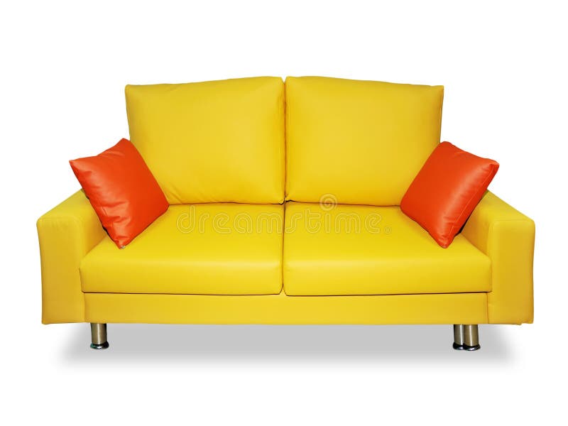 A clean and tidy yellow sofa and two red pillows on it isolated on white. A clean and tidy yellow sofa and two red pillows on it isolated on white.