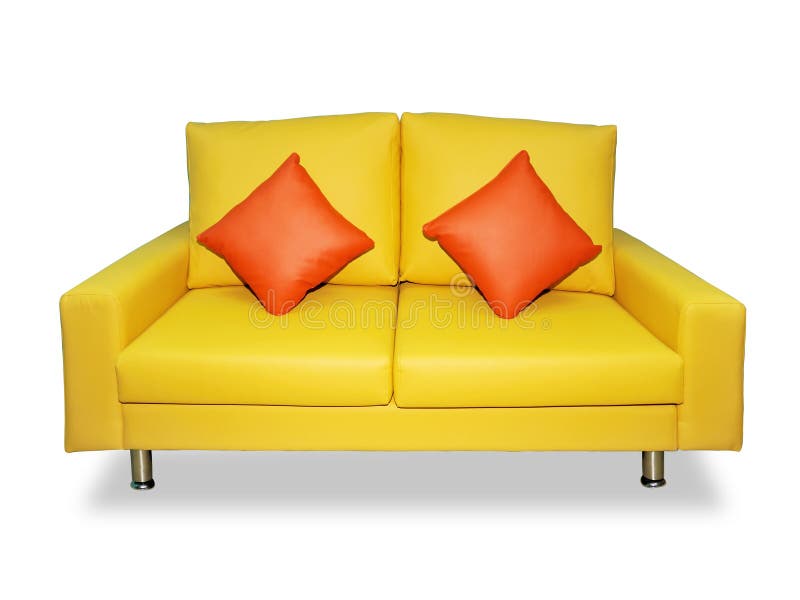 A clean and tidy yellow sofa and two red pillows on it isolated on white. A clean and tidy yellow sofa and two red pillows on it isolated on white.