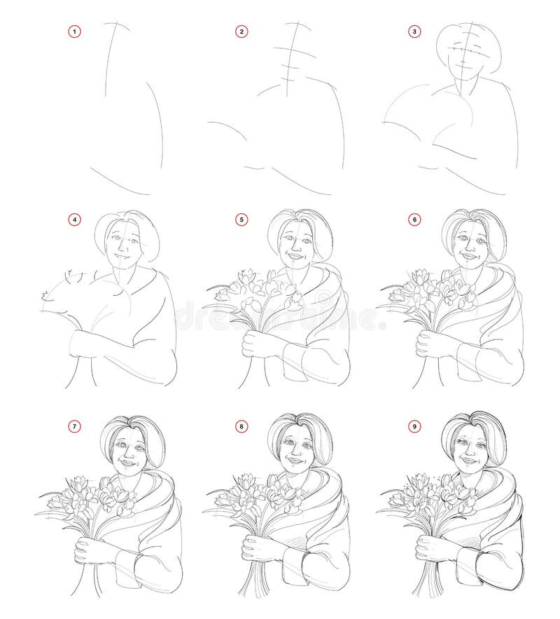 Så här ritar du steg för steg skiss av gamla kvinnor med blommor Skapa pennritning stock illustrationer