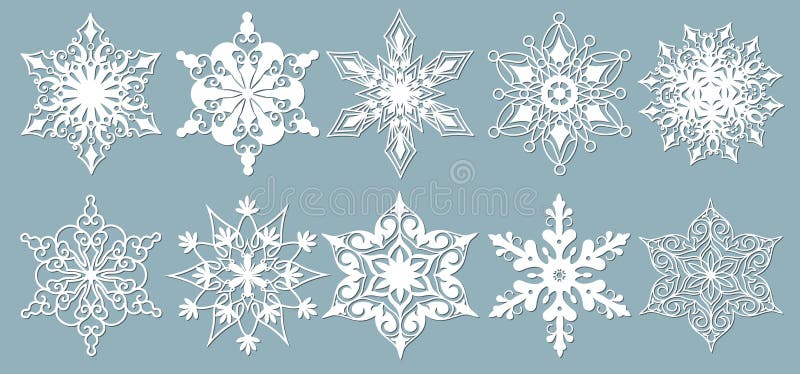 Sång av snöflingor Laserskärningsmönster för christmas-papperskort, designelement, skrapbokning Vektorillustration stock illustrationer
