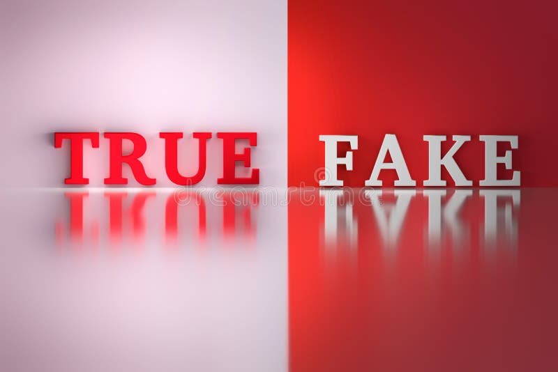 Concept of Truth and Fake. Words True and Fake in red and white color on double colored background. 3d illustration. Concept of Truth and Fake. Words True and Fake in red and white color on double colored background. 3d illustration