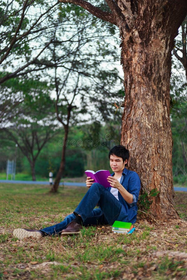 Séance et lecture de jeune homme un livre en parc photographie stock Séance et lecture de jeune homme un livre en parc photographie stock