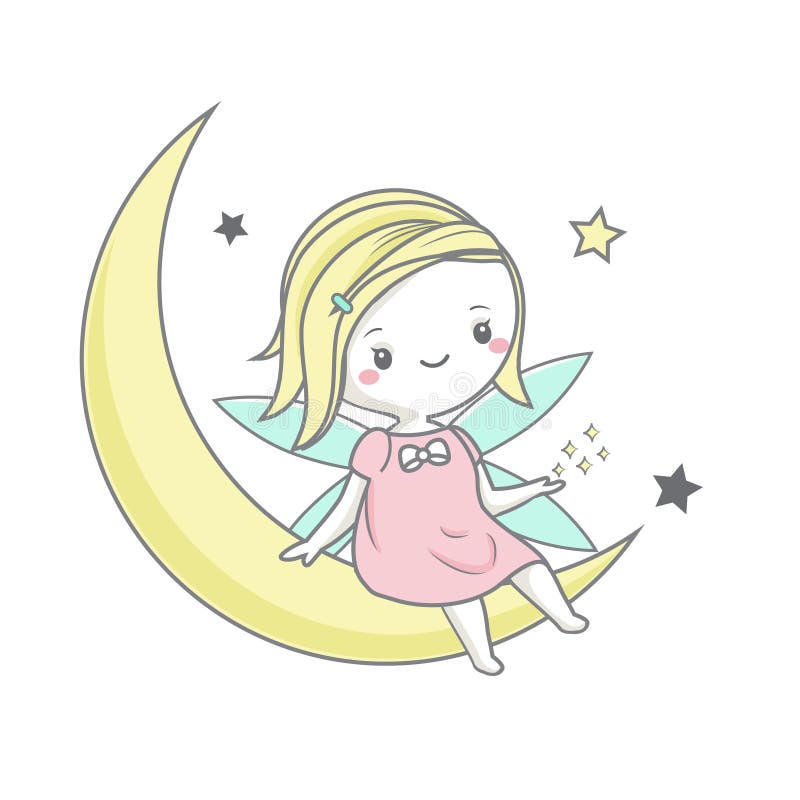 Séance féerique mignonne sur la lune et jeu avec des étoiles L'illustration de vecteur pour des enfants façonnent des copies et l illustration libre de droits Séance féerique mignonne sur la lune et jeu avec des étoiles L'illustration de vecteur pour des enfants façonnent des copies et l illustration libre de droits