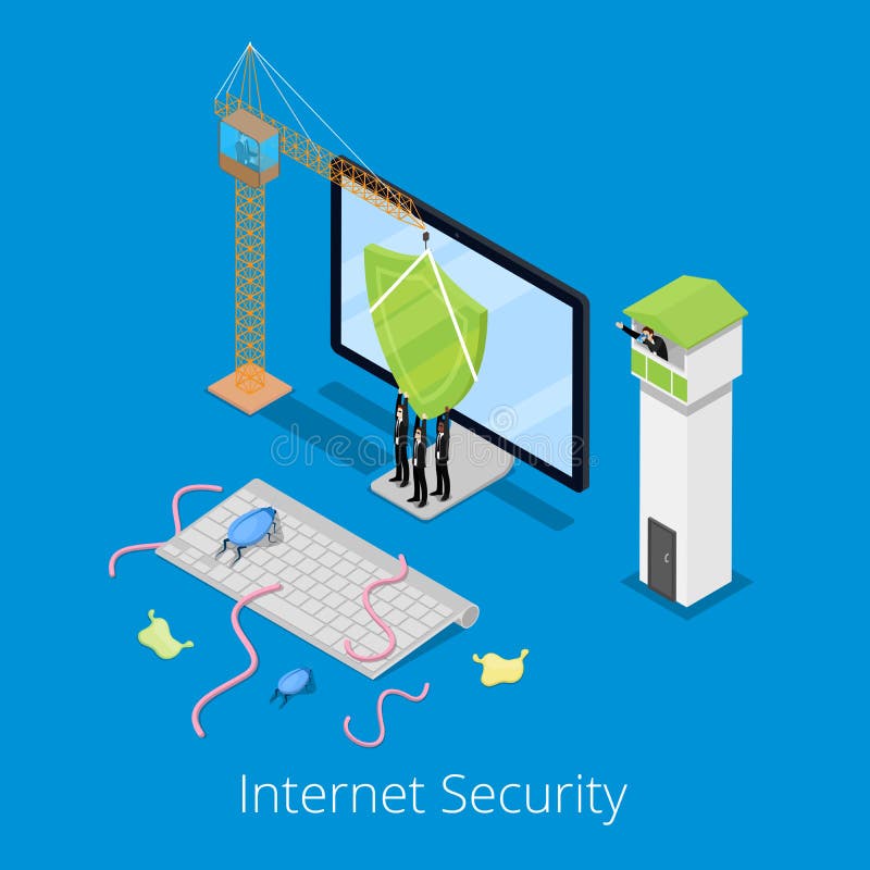 Sécurité d'Internet et concept isométriques de protection des données avec l'ordinateur défendu par le bouclier des virus illustration de vecteur Sécurité d'Internet et concept isométriques de protection des données avec l'ordinateur défendu par le bouclier des virus illustration de vecteur