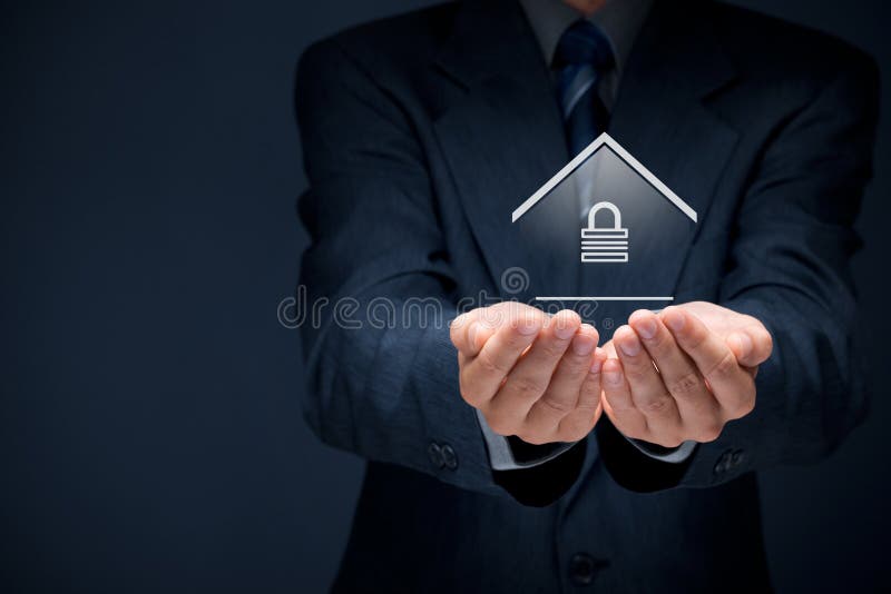 Property security and insurance concept. Offering gesture of man and symbol of house with padlock. Property security and insurance concept. Offering gesture of man and symbol of house with padlock.