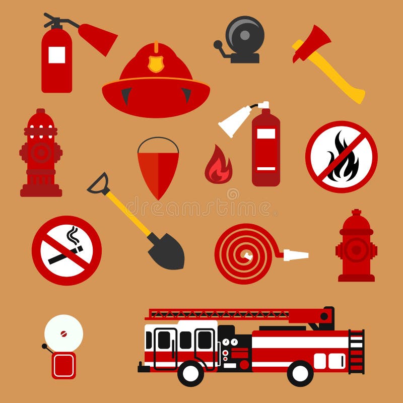 Sécurité incendie, sapeur-pompier et icônes plates de protection illustration stock Sécurité incendie, sapeur-pompier et icônes plates de protection illustration stock