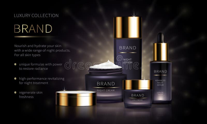 Série cosmétique de nuit pour des soins de la peau de visage illustration libre de droits Série cosmétique de nuit pour des soins de la peau de visage illustration libre de droits