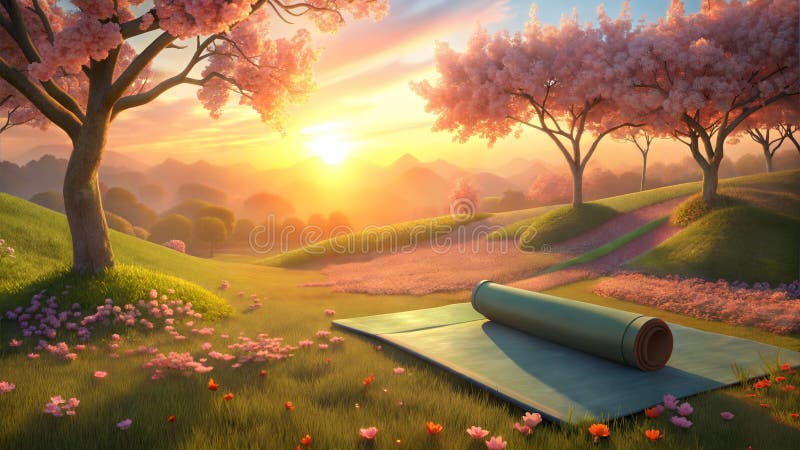 Sérénissime scène de yoga matinal avec fleurs de cerisiers et un lever de soleil paisible illustration libre de droits