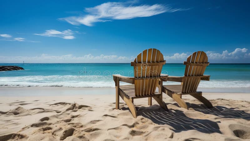 Sérénissime. Vvacances d'été balnéaire. Deux chaises au bord de l'océan bleu avec une belle vue sur la mer illustration libre de droits