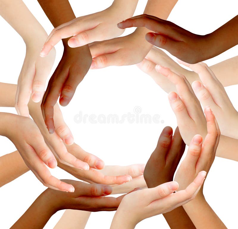 Conceptual symbol of multiracial human hands making a circle on. Conceptual symbol of multiracial human hands making a circle on