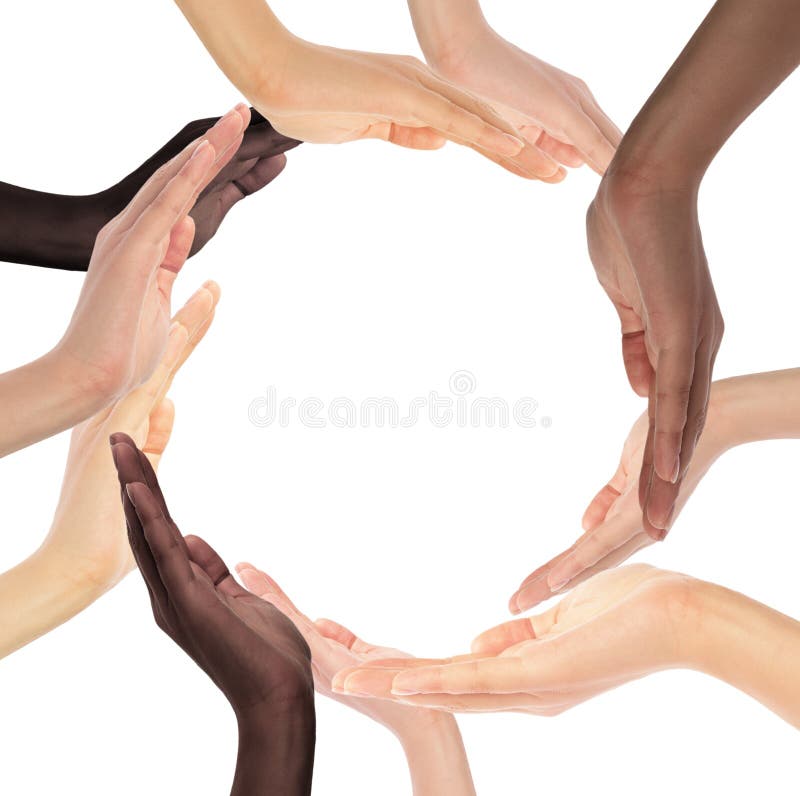 Conceptual symbol of multiracial human hands making a circle on white background with a copy space in the middle. Conceptual symbol of multiracial human hands making a circle on white background with a copy space in the middle