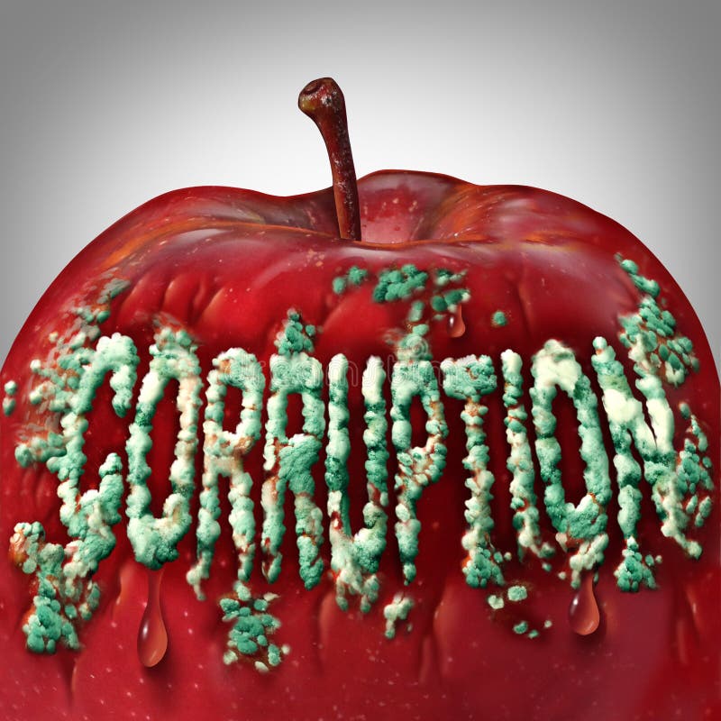 Corruption symbol and rotten to the core concept as mold or fungus shaped as text on an apple representing the criminal act of bribery and fraud as a legal metaphor for dishonest immoral behavior. Corruption symbol and rotten to the core concept as mold or fungus shaped as text on an apple representing the criminal act of bribery and fraud as a legal metaphor for dishonest immoral behavior.