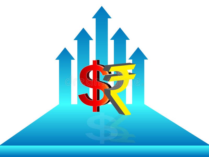 Símbolo da rupia indiana & do dólar com ilustração crescente da seta, ilustração do vetor Símbolo da rupia indiana & do dólar com ilustração crescente da seta, ilustração do vetor