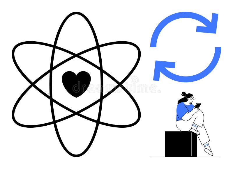 Símbolo de corazón atómico y flechas de sincronización con personas que leen contenido digital libre illustration