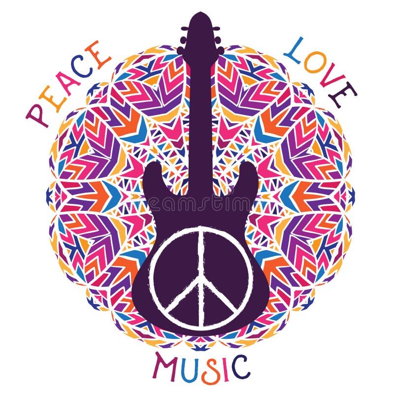 Símbolo de paz del hippie Paz, amor, muestra de la música y guitarra en fondo colorido adornado de la mandala
