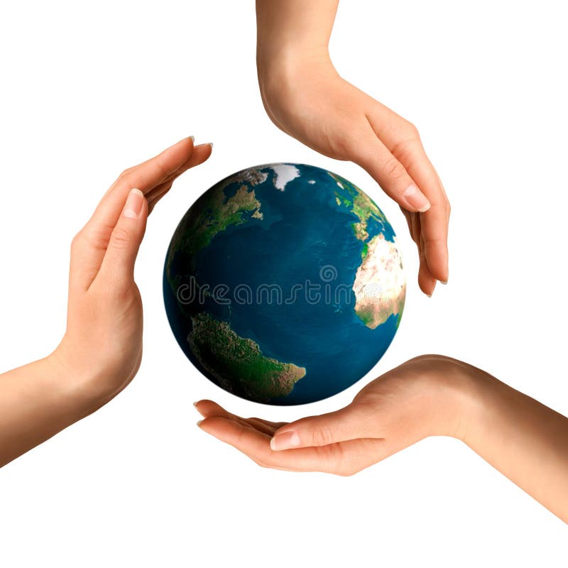 Conceptual recycling symbol made from hands over Earth globe Environment and ecology concept. Conceptual recycling symbol made from hands over Earth globe Environment and ecology concept