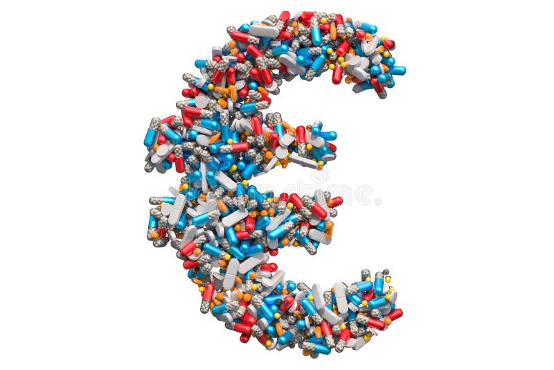 Símbolo do Euro dos comprimidos da medicina, cápsulas, tabuletas rendição 3d