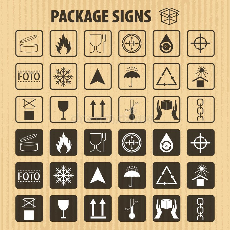 Vector packaging symbols on cardboard background. Shipping icon set including recycling, fragile, the shelf life of the product, flammable, non-toxic material, this side up, other symbols. Use on package, carton box. Vector packaging symbols on cardboard background. Shipping icon set including recycling, fragile, the shelf life of the product, flammable, non-toxic material, this side up, other symbols. Use on package, carton box