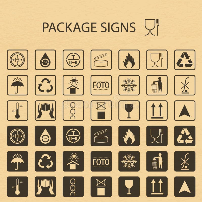 Vector packaging symbols on cardboard background. Shipping icon set including recycling, fragile, the shelf life of the product, flammable, non-toxic material, this side up, other symbols. Use on package. Stock . Flat design. Vector packaging symbols on cardboard background. Shipping icon set including recycling, fragile, the shelf life of the product, flammable, non-toxic material, this side up, other symbols. Use on package. Stock . Flat design.