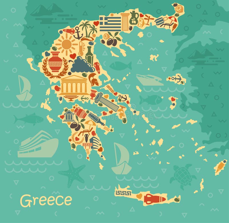 Traditional symbols of Greece in the form of map. Traditional symbols of Greece in the form of map